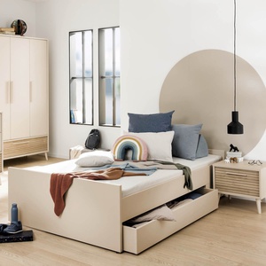 3/4-BETTSOMMER aus Kaschmir-beige, mit Rollen (für Teppich) mit Paneel für die Bettseite kreideweiß LITTLE FLO Paidi Beige cashmere