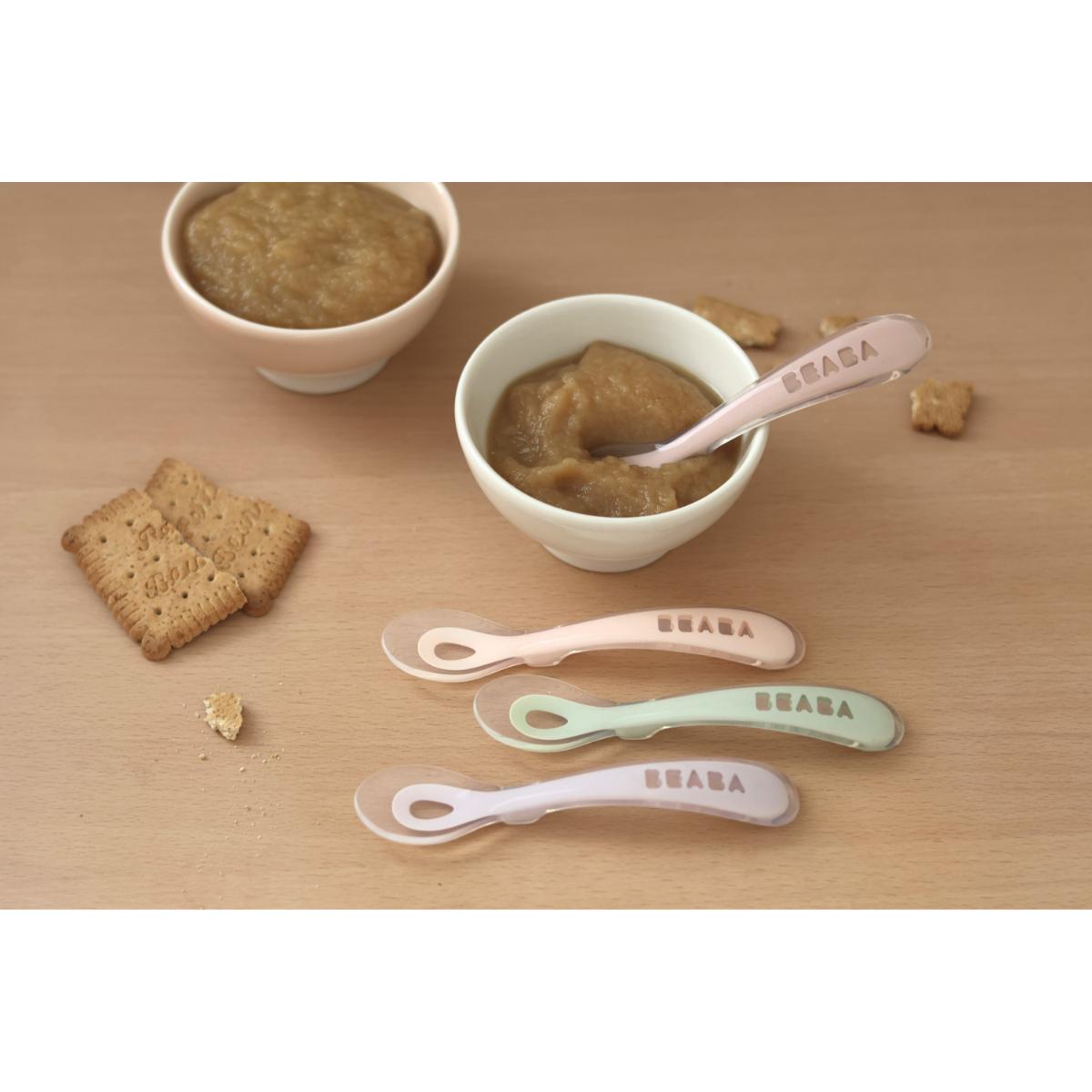 4 cuillères 2ème âge silicone Beaba Barbe à papa-Guimauve-Vert de gris-Lila