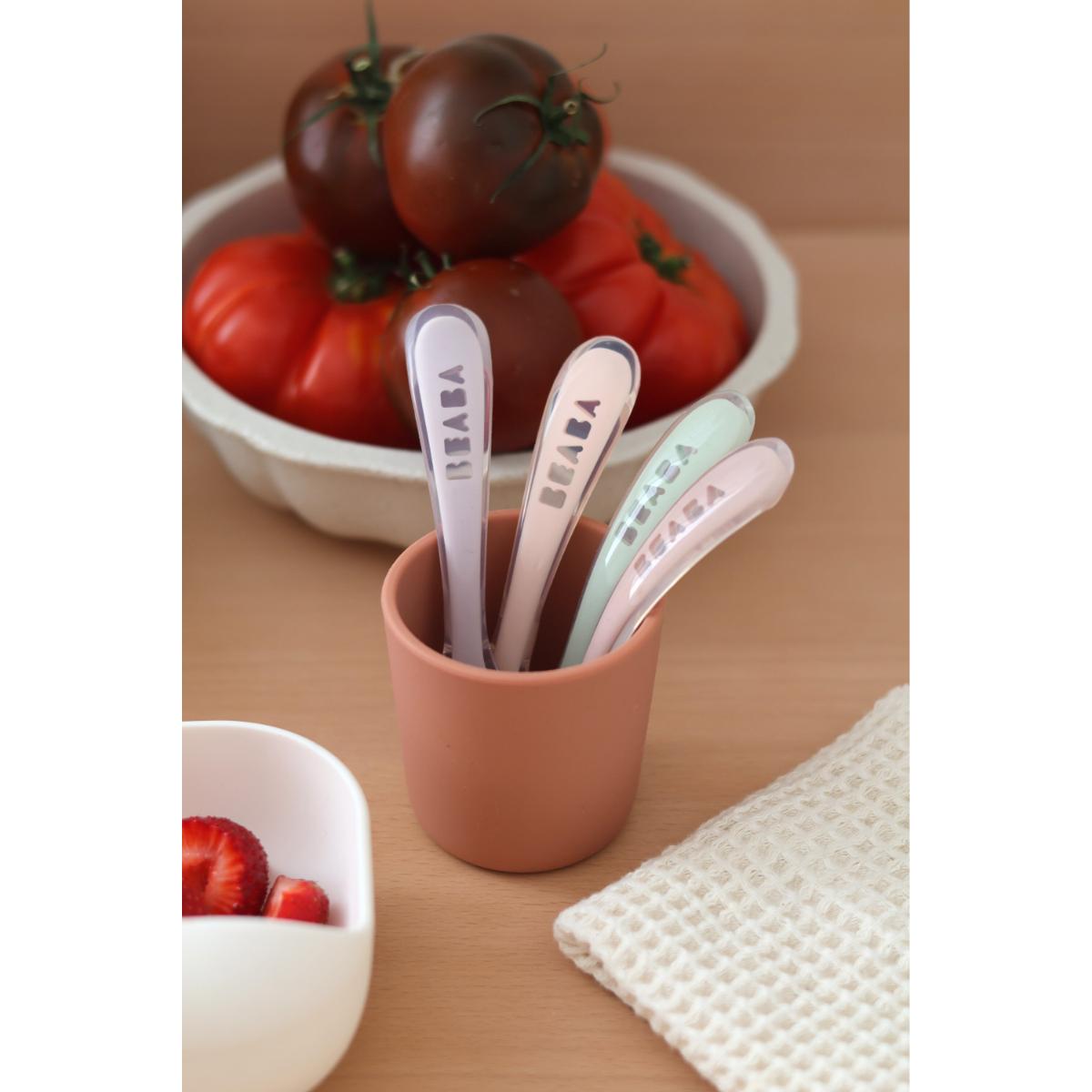 4 cuillères 2ème âge silicone Beaba Barbe à papa-Guimauve-Vert de gris-Lila