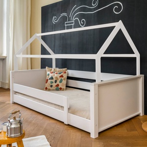 Bett bodentief Dach Montessori Fallschutz niedrig KASVA Buche weiß lackiert