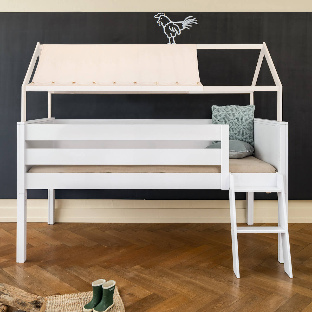 Bett halbhoch Dach KASVA Buche weiß lackiert Dachtextil