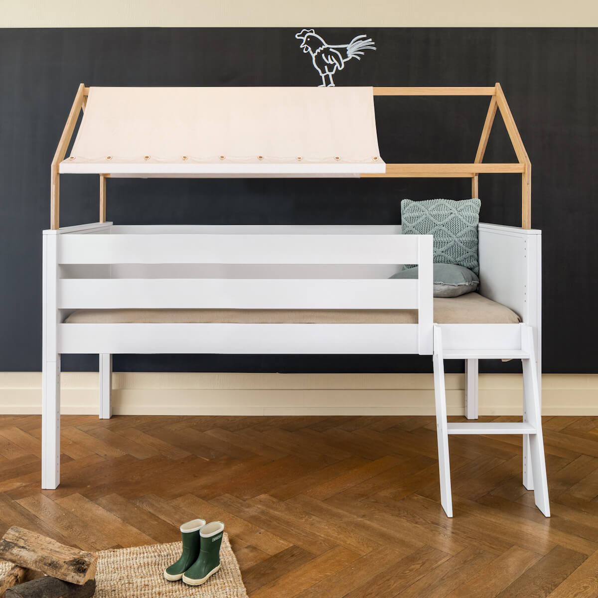 Bett halbhoch Dach KASVA Buche weiß lackiert-Eiche geölt Dachtextil