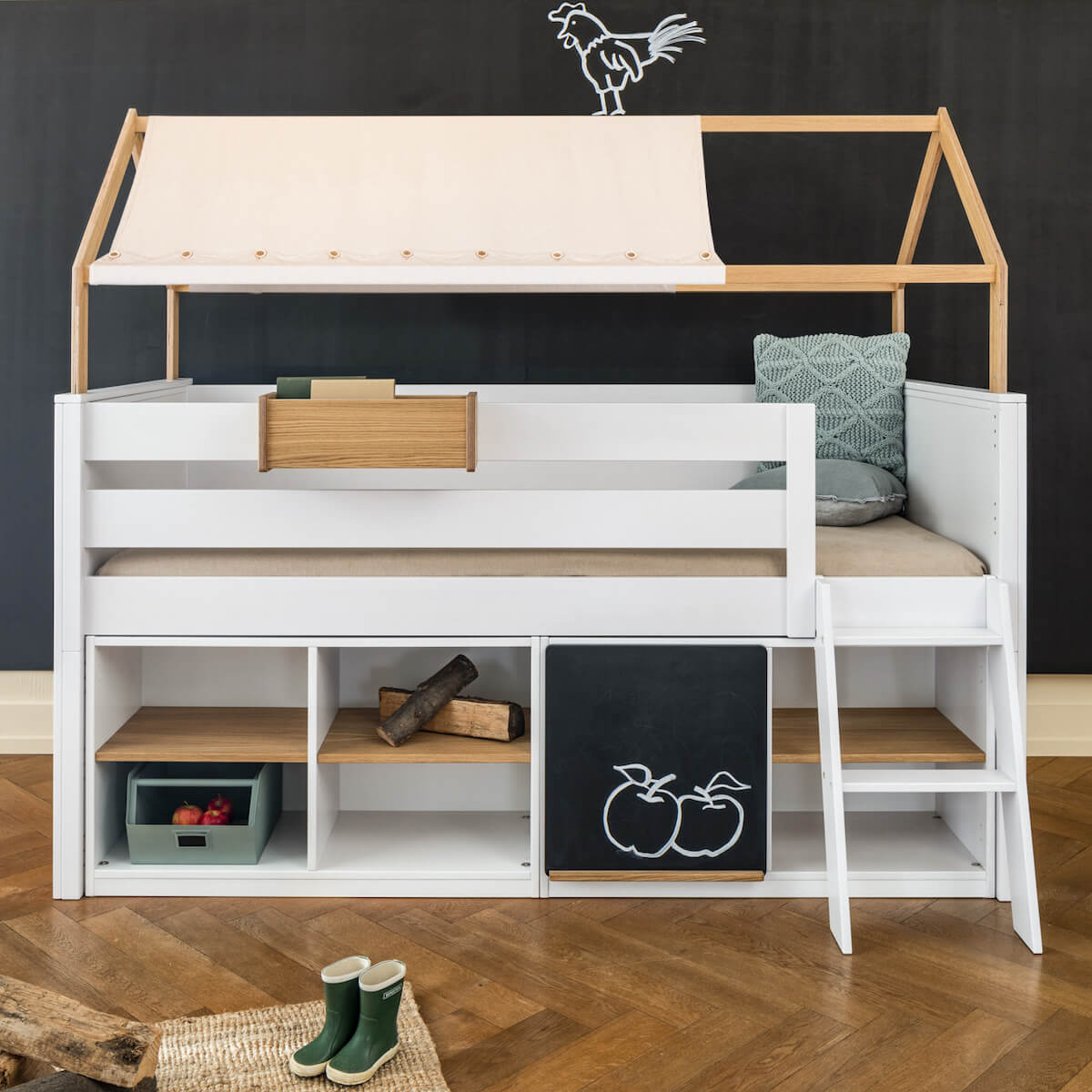 Bett halbhoch Dach KASVA Buche weiß lackiert-Eiche geölt Dachtextil