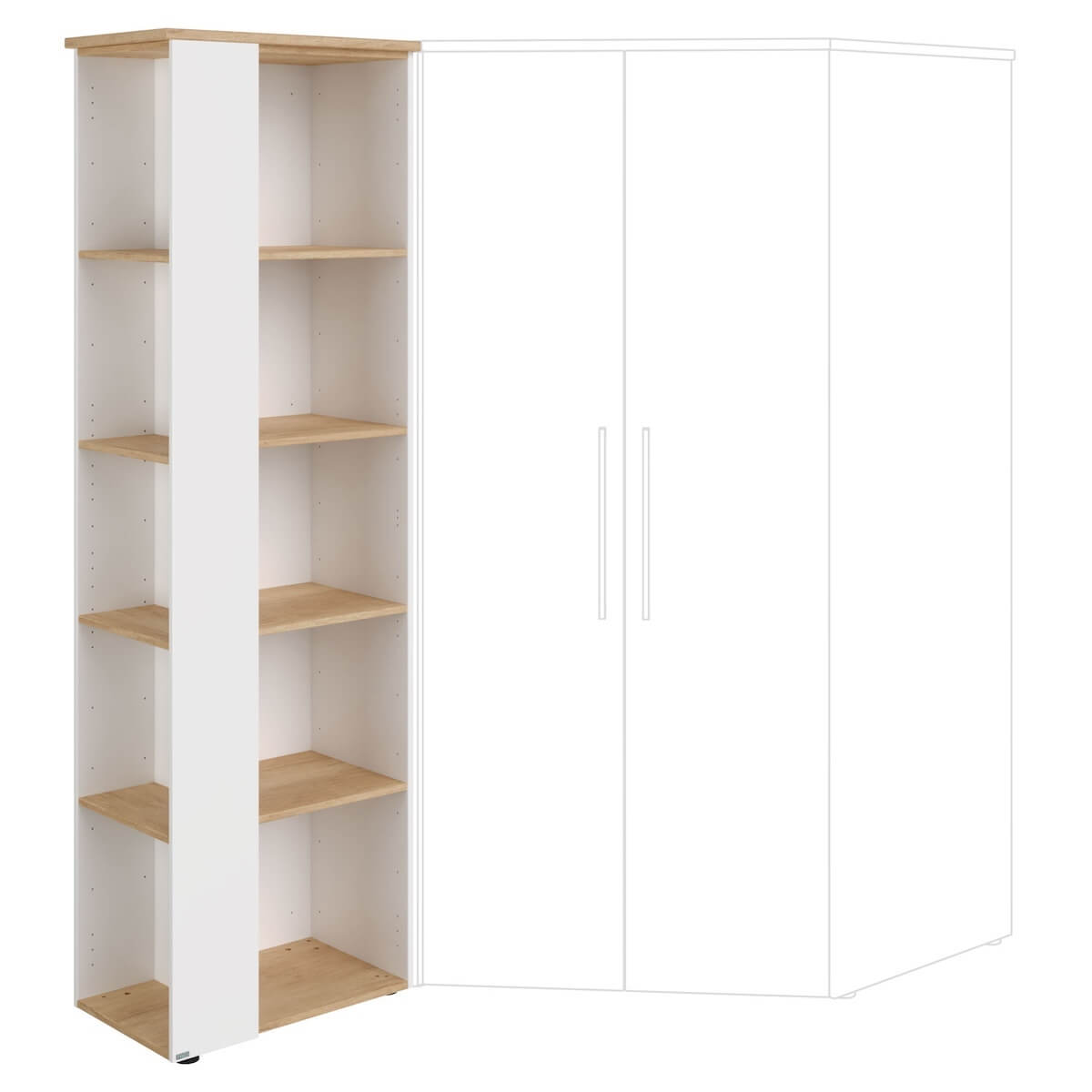 Eckschranktisch 4 Etagen, 4 große Etagen, können nach oben oder nach unten montiert werden, können an der rechten oder an der großen Seite des Eckschranks befestigt werden OSCAR Paidi Eiche Nebraska / weiß