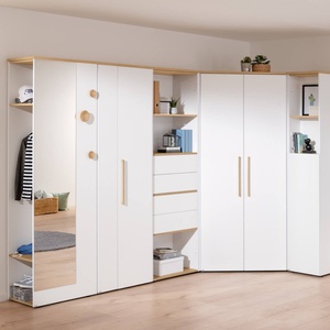 Garderobe, 2 Einlegeböden, 1 Kleiderstange, 1 Spiegel, 3 Knöpfe, kann an der schmalen oder breiten Seite des Eckschranks befestigt oder frei montiert werden OSCAR Paidi Eiche Nebraska / weiß