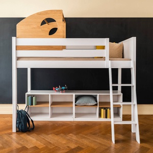 Hablbhohes Bett-Kajüte hoch KASVA Buche massiv weiß-lackiert Eiche furniert-geölt