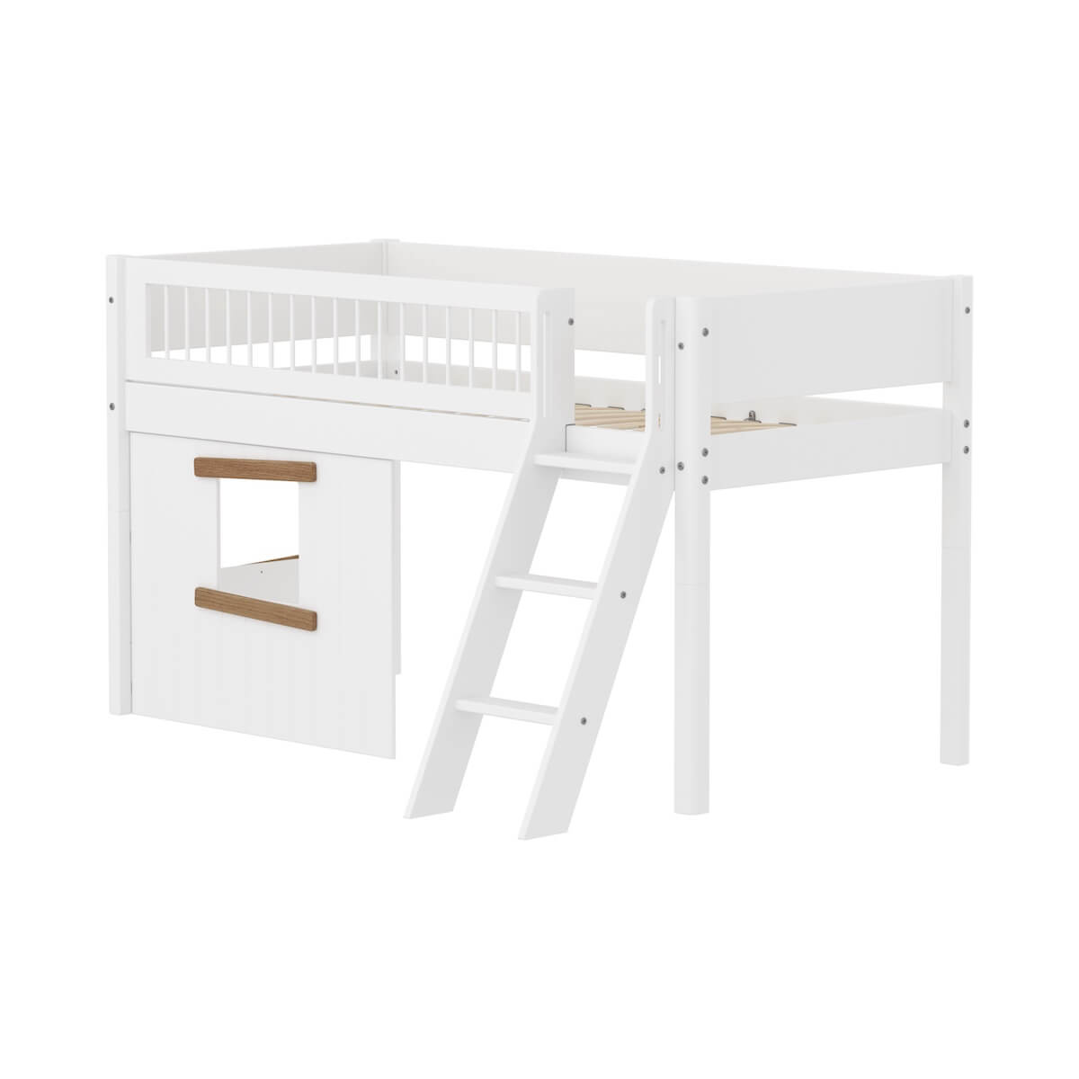 Halbhochbett 90x200cm WHITE Crossbars Sl. ladder & Tree hut Oak window