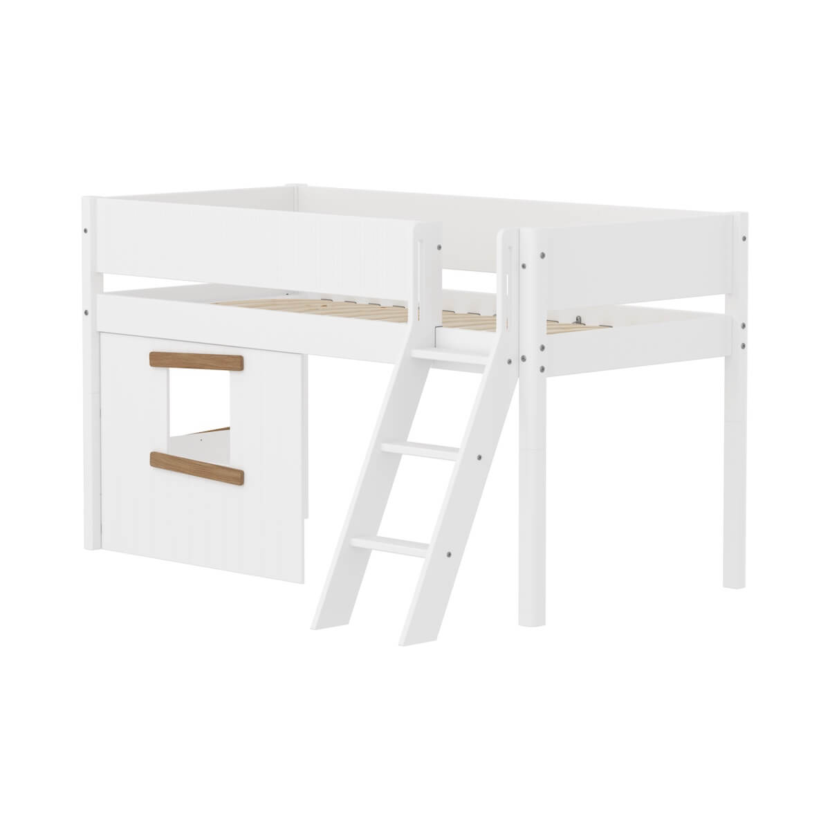 Halbhochbett 90x200cm WHITE Grooves Sl. ladder & Tree hut Oak window