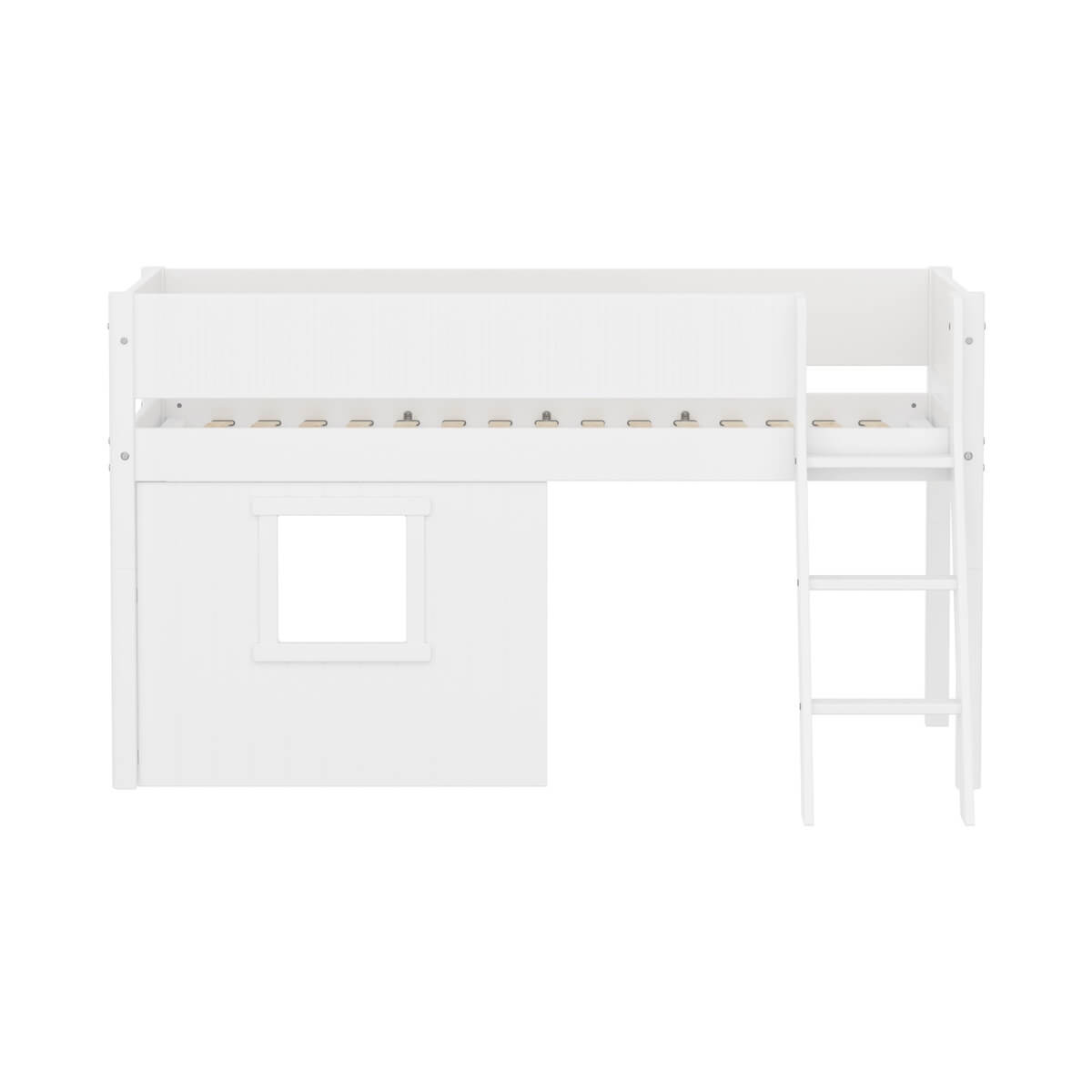 Halbhochbett 90x200cm WHITE Grooves Sl. ladder & Tree hut Wht window