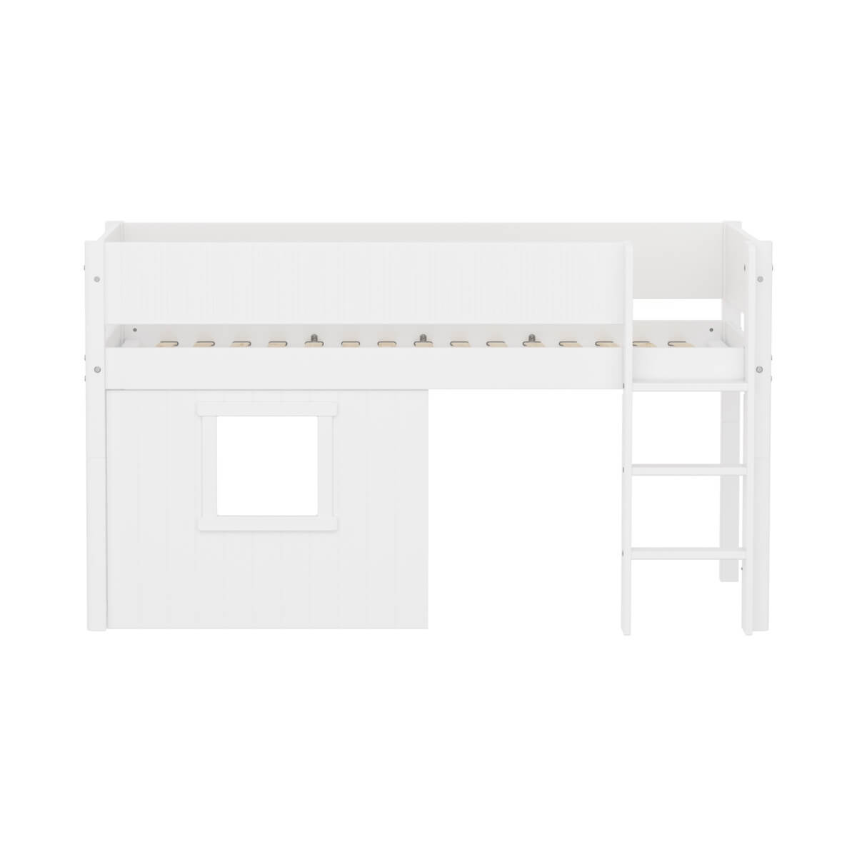 Halbhochbett 90x200cm WHITE grooves Str. ladder & Tree hut Wht window