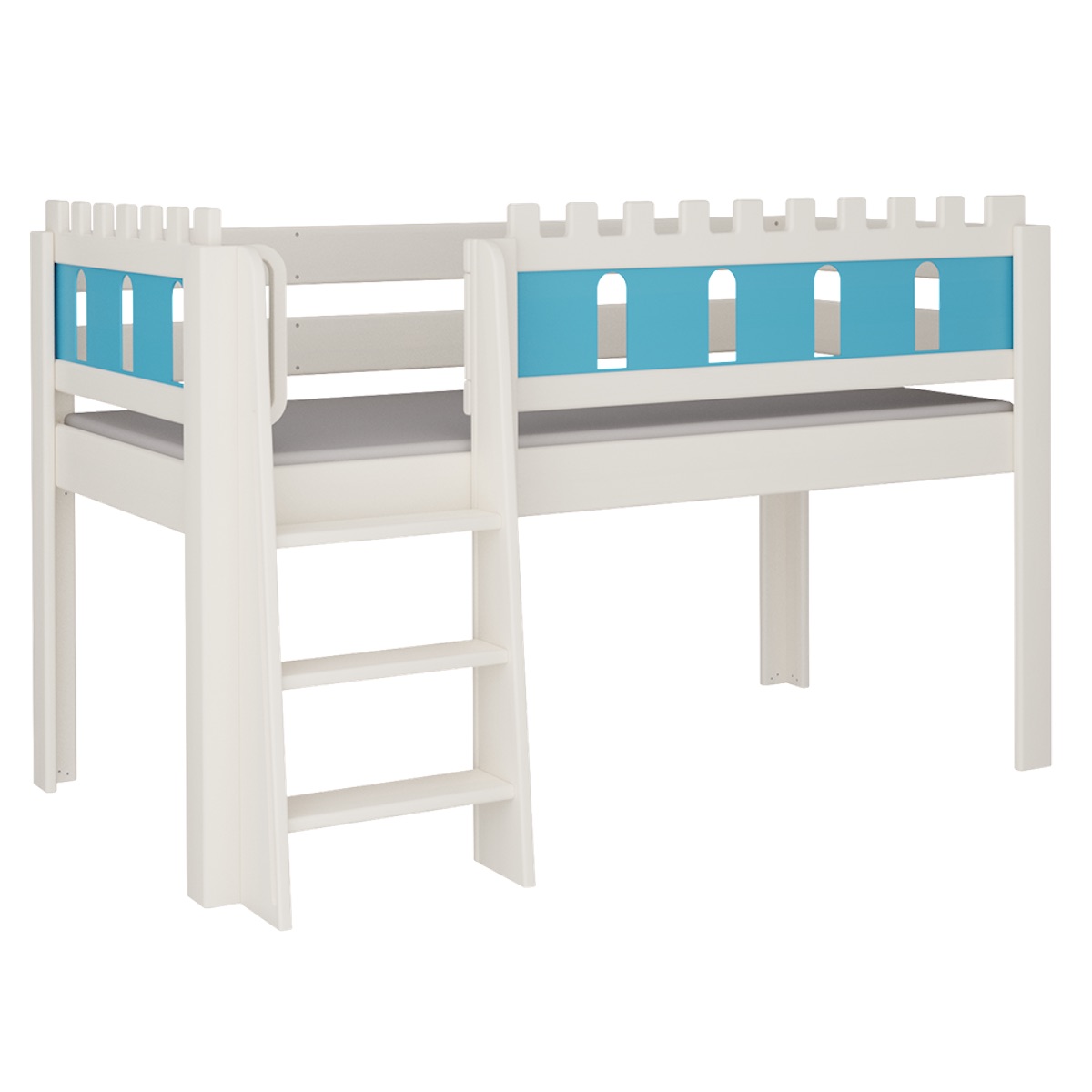 Halbhohes Bett Burg Leiterstiege DELUXE de Breuyn geweißt-blau
