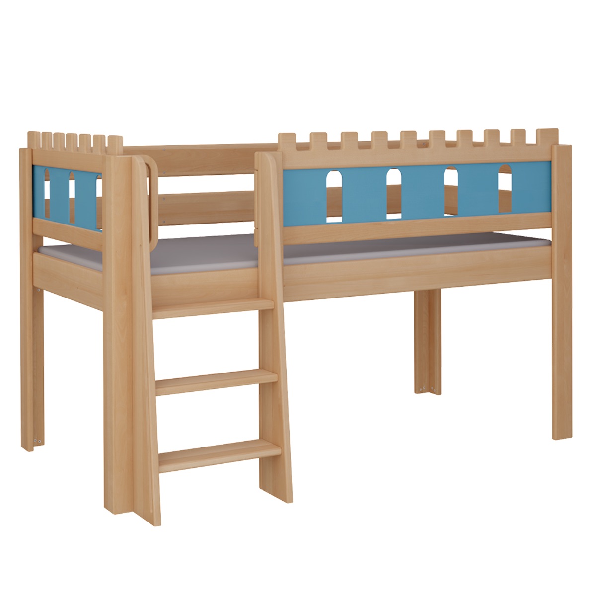 Halbhohes Bett Burg Leiterstiege DELUXE de Breuyn natürlich-blau