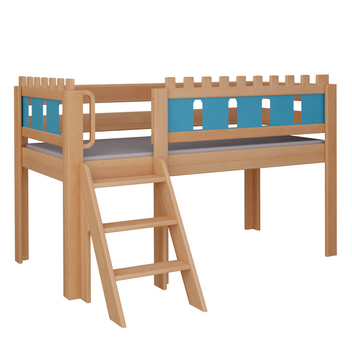 Halbhohes Bett Burg Treppe DELUXE de Breuyn natürlich-blau