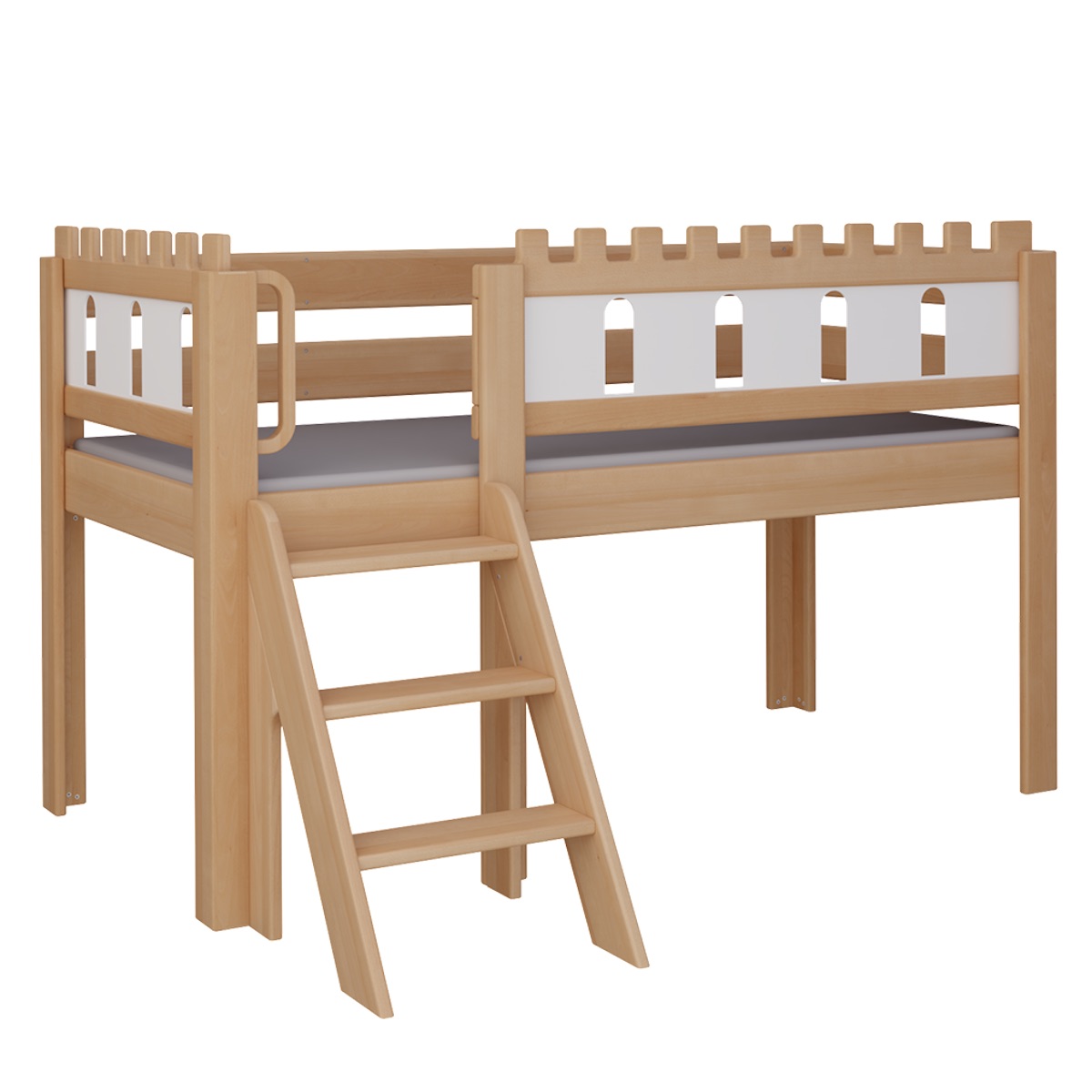 Halbhohes Bett Burg Treppe DELUXE de Breuyn natürlich-geweißt