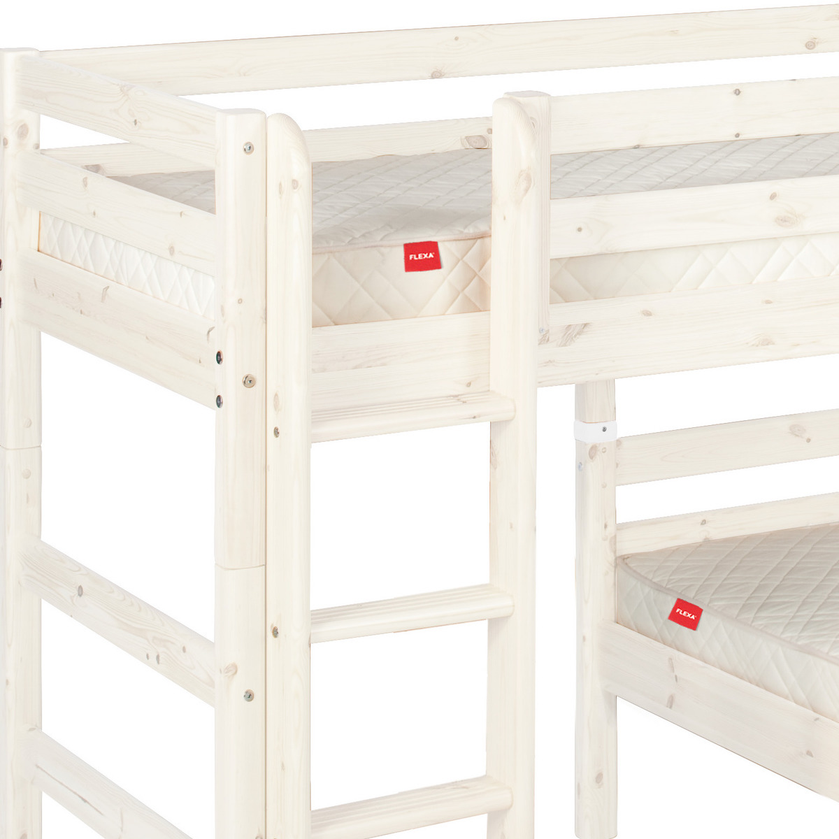 Halbhohes Bett + Einzelbett 90x200cm + gerade Leiter CLASSIC Flexa whitewash