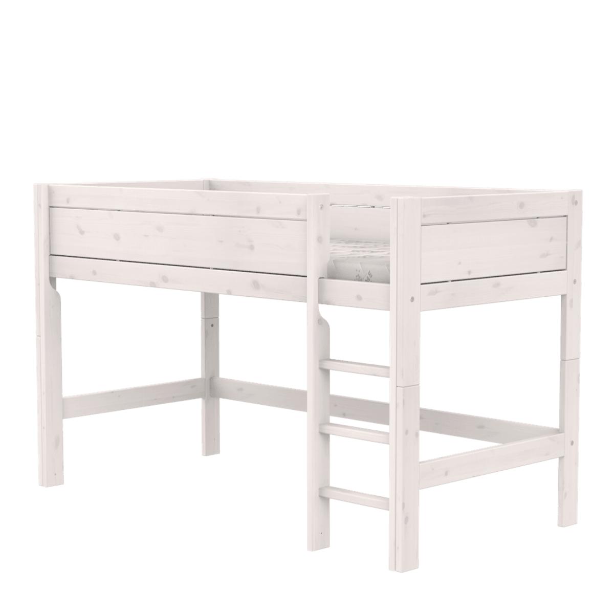 Halbhohes Bett + gerade Leiter + Deluxe Lattenrost Lifetime whitewash