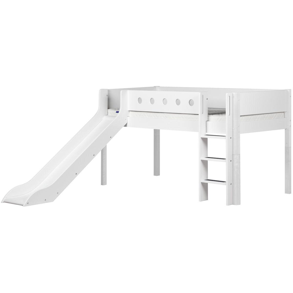 Halbhohes Bett mitwachsend 90x200cm mit gerader Leiter-Rutsche WHITE Flexa weiß-weiß