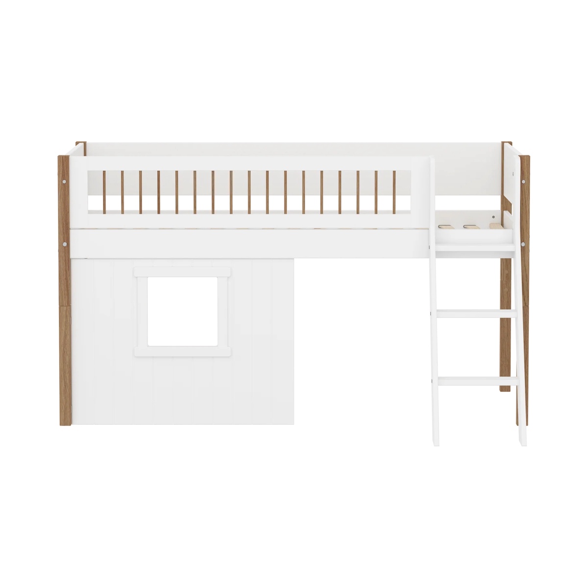 Halbhohes Bett NOR mit Hausfronten, Schrägleiter + Absturzsicherung FLEXAFlexa