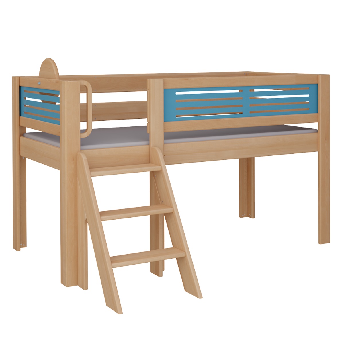 Halbhohes Bett Tatü Treppe DELUXE de Breuyn natürlich-blau