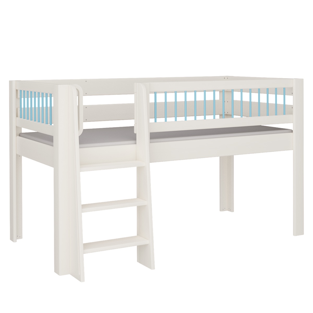 Halbhohes Kubu Bett Leiterstiege DELUXE de Breuyn geweißt-blau