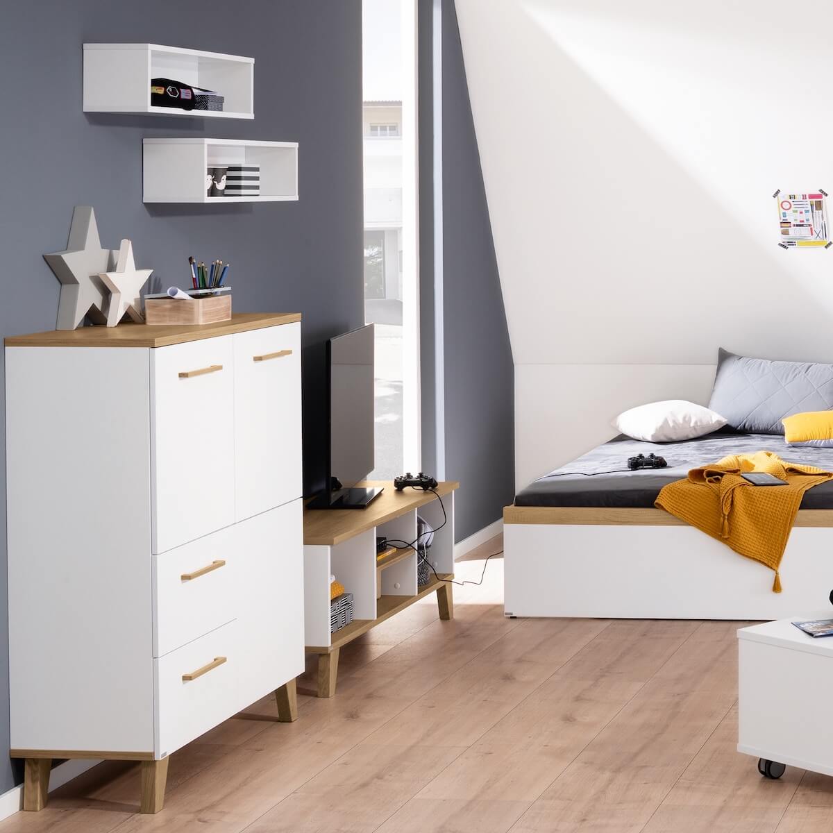 Highboard 2 Ports, 4 Etagen, 2 Tiroirs OSCAR Paidi Chêne Nebraska / blanc