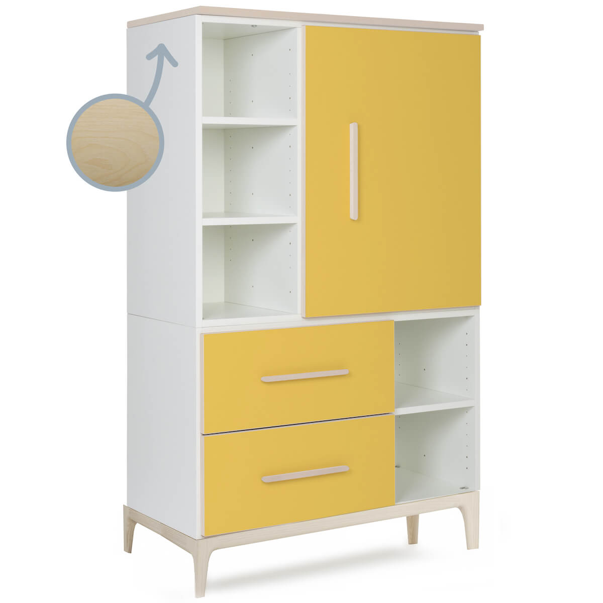 Kleiderschrank 147 cm 1-türig 2 Schubladen NADO Curve Esche sunshine yellow