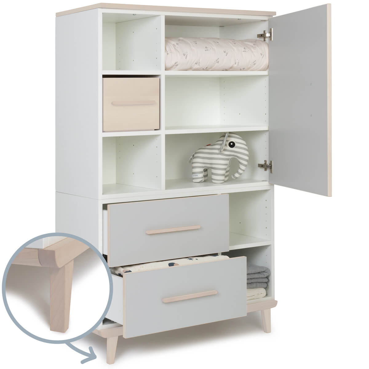 Kleiderschrank 147 cm 1-türig 2 Schubladen NADO Retro Esche manhattan grey