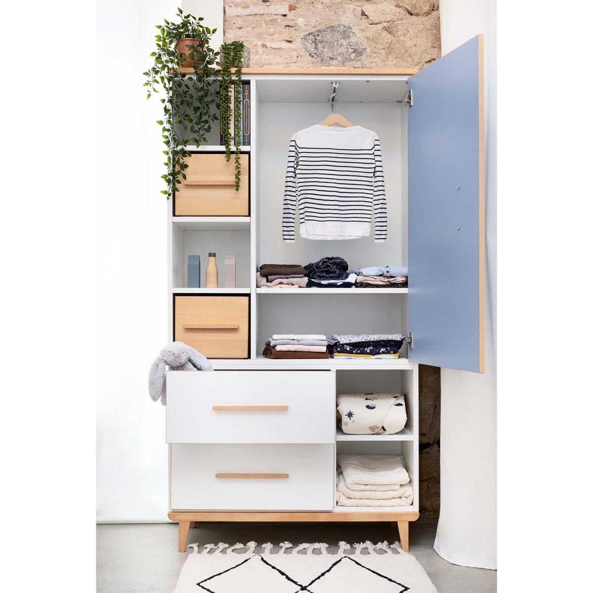 Kleiderschrank 173 cm 1-türig 2 Schubladen NADO Retro Buche capri blue-white