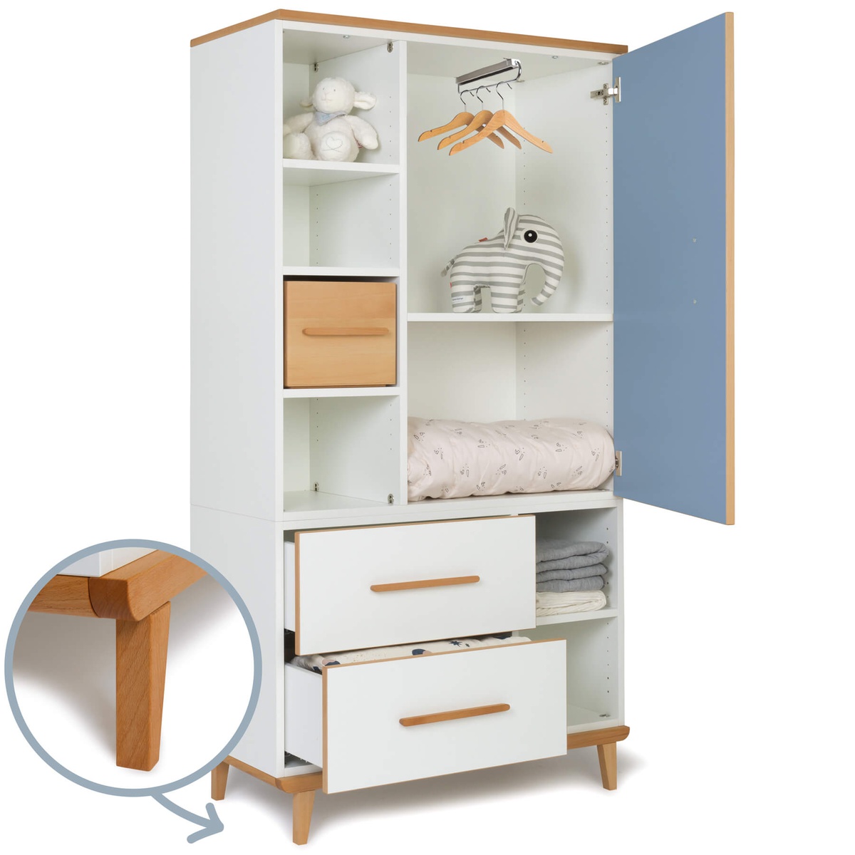 Kleiderschrank 173 cm 1-türig 2 Schubladen NADO Retro Buche capri blue-white