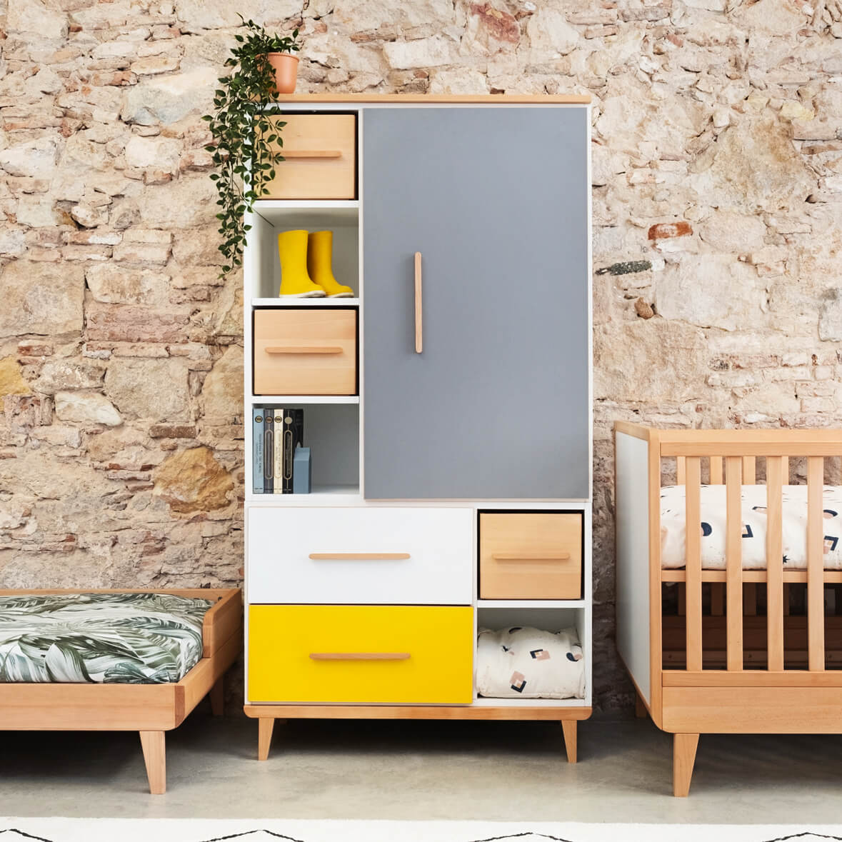 Kleiderschrank 173 cm 1-türig 2 Schubladen NADO Retro Buche slate grey-mint-sunshine yellow