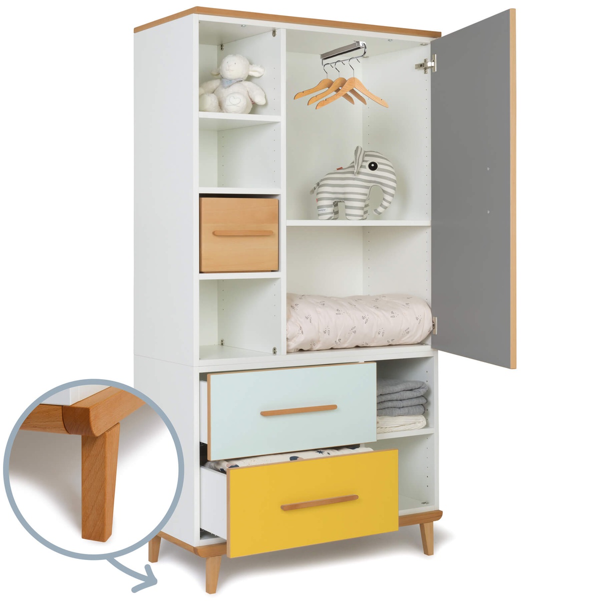 Kleiderschrank 173 cm 1-türig 2 Schubladen NADO Retro Buche slate grey-mint-sunshine yellow