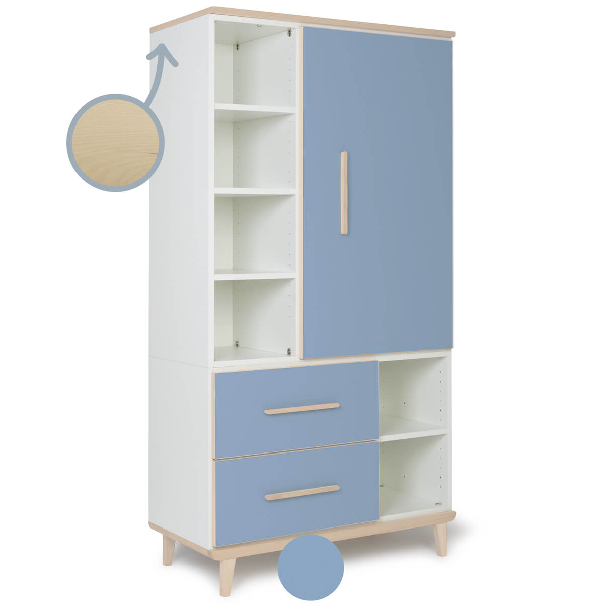 Kleiderschrank 173 cm 1-türig 2 Schubladen NADO Retro Esche capri blue