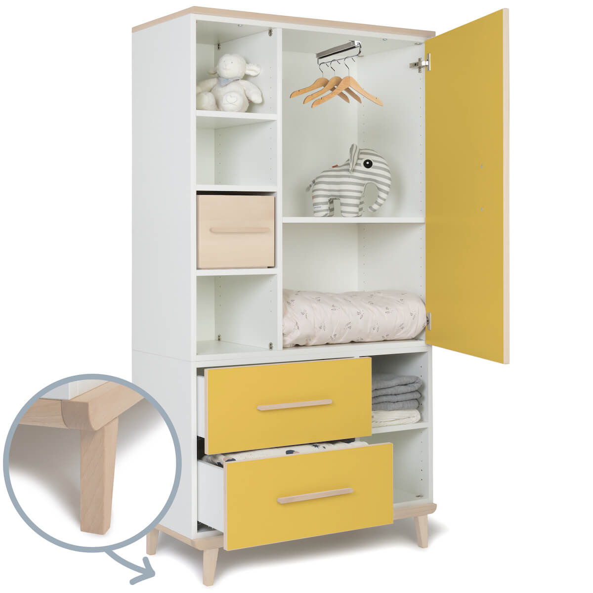 Kleiderschrank 173 cm 1-türig 2 Schubladen NADO Retro Esche sunshine yellow