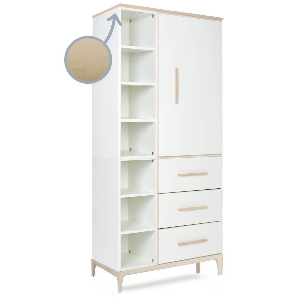 Kleiderschrank 198 cm 1-türig 3 Schubladen NADO Curve Esche white