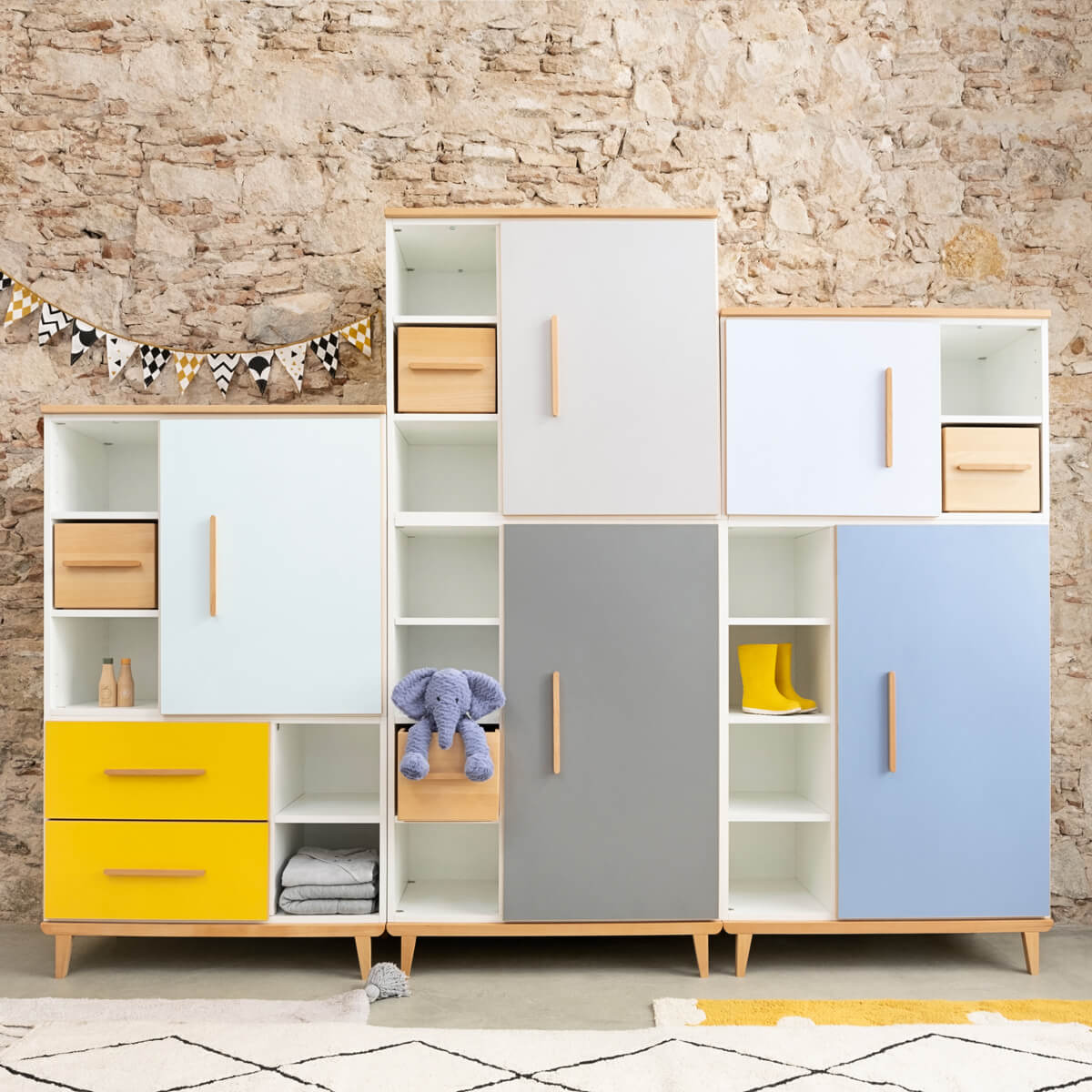 Kleiderschrank 198 cm 1-türig 3 Schubladen NADO Retro Buche sky blue