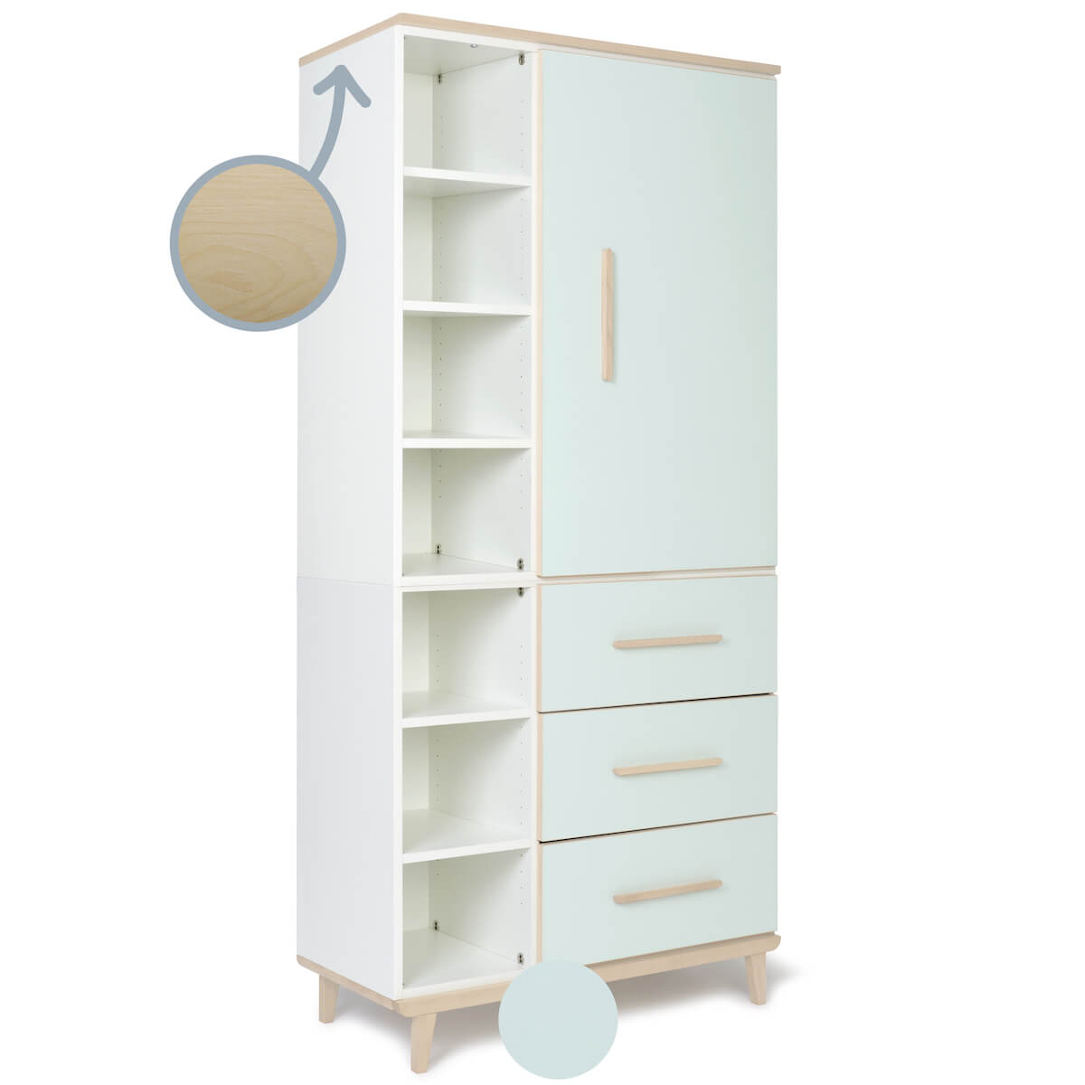 Kleiderschrank 198 cm 1-türig 3 Schubladen NADO Retro Esche mint