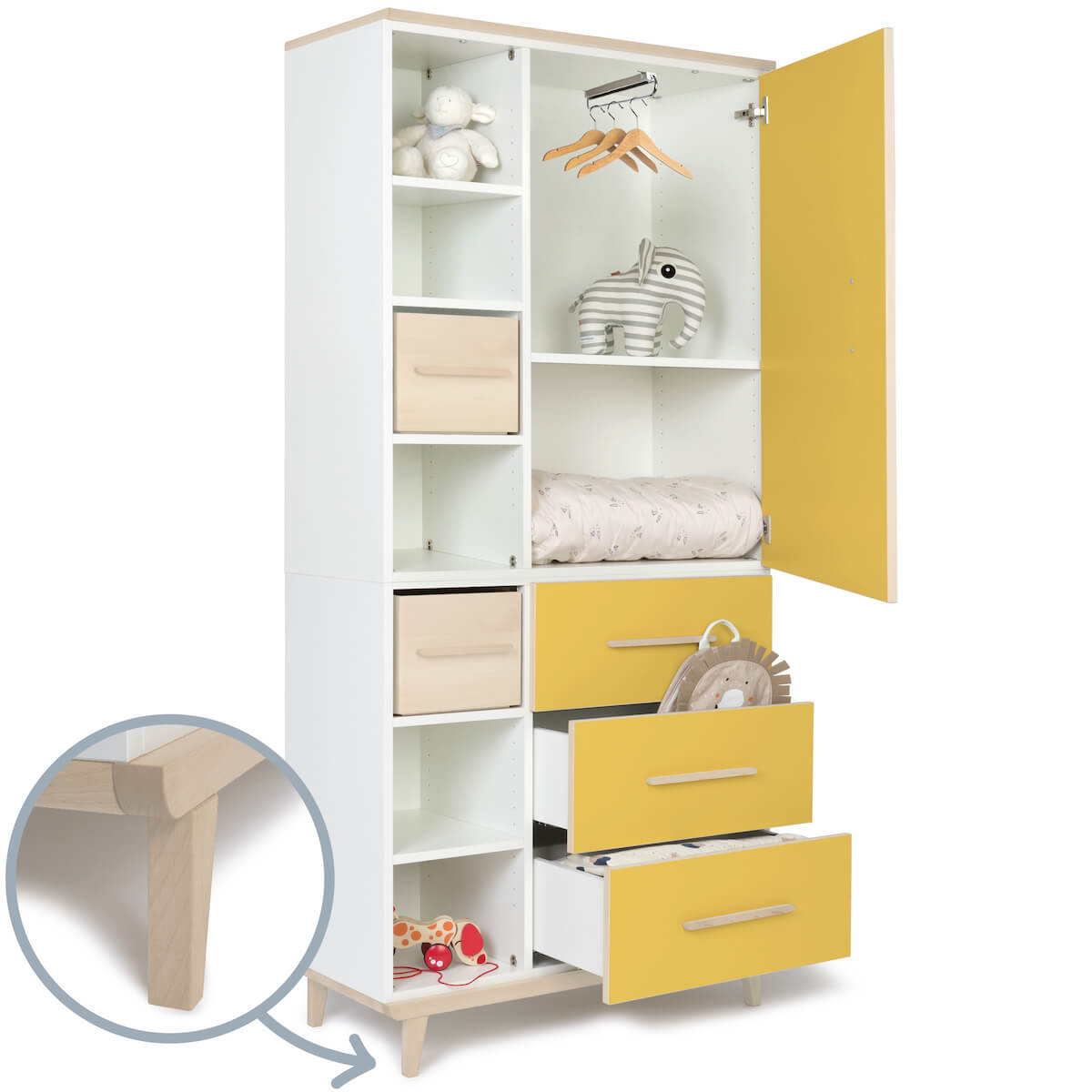 Kleiderschrank 198 cm 1-türig 3 Schubladen NADO Retro Esche sunshine yellow