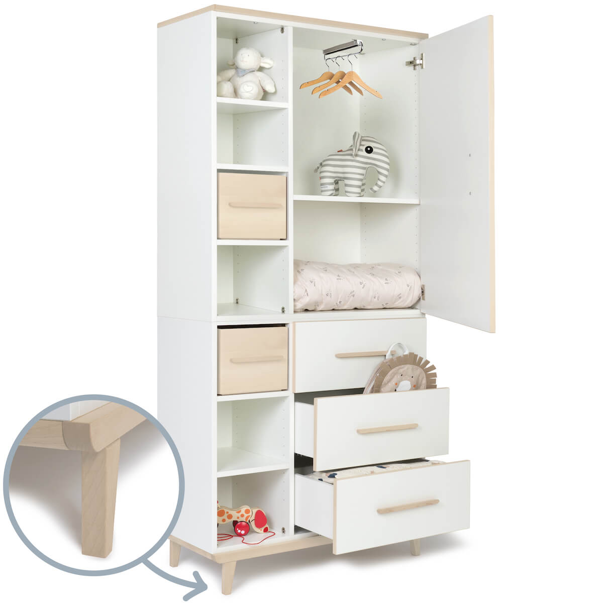 Kleiderschrank 198 cm 1-türig 3 Schubladen NADO Retro Esche white
