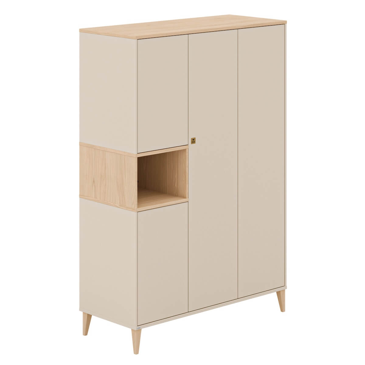 Kleiderschrank 4T, 2 Längstüren, 2 Quertüren, 1 offenes Fach, 2 Mittelwände, 7 Etagen, 2 Dreifachkleider MILA & BEN Paidi Beige cashmere / skandinavisches Holz