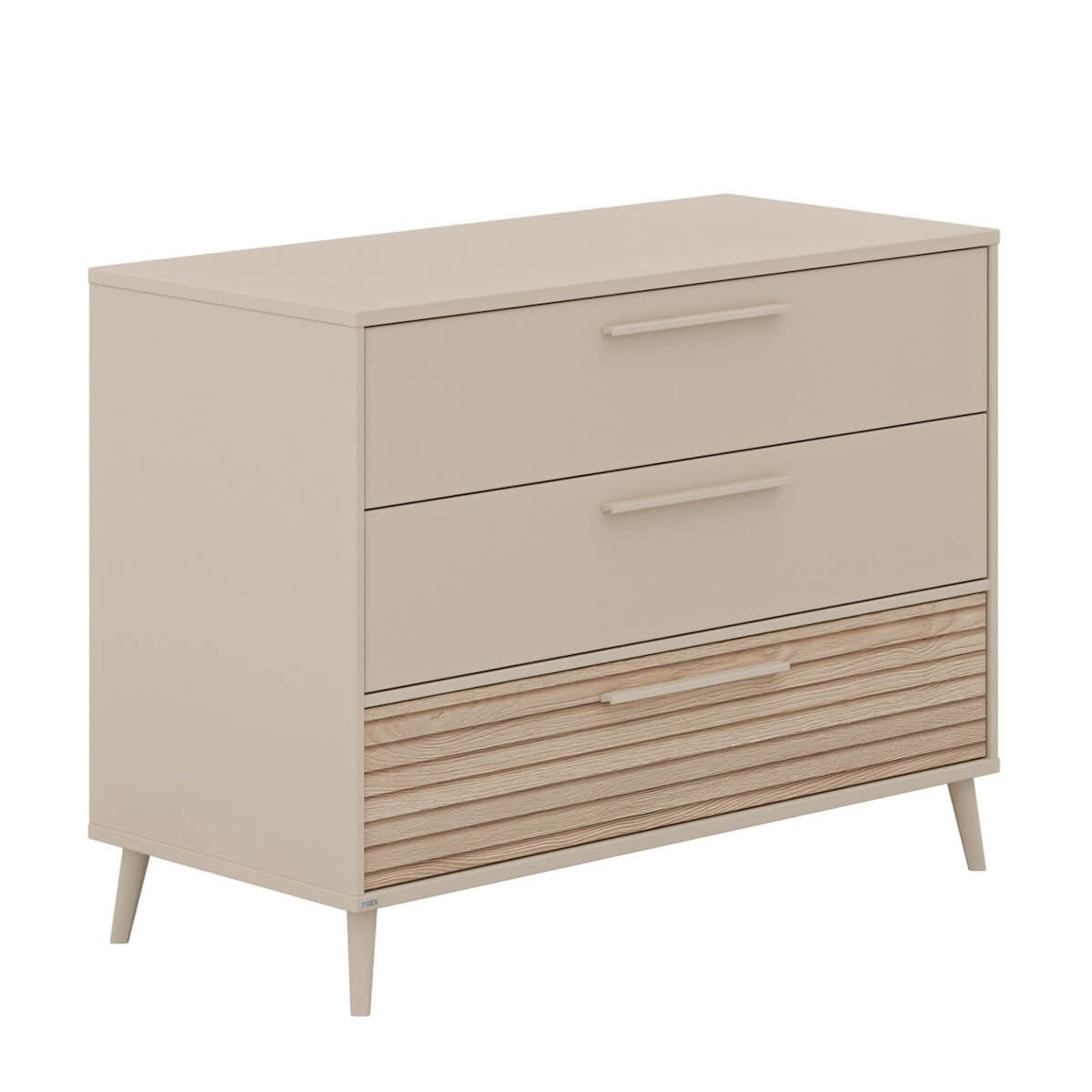 Kommode 3 S breit, 2 x Tiroire Kaschmir Beige, 1 x Groovy Oak, Tiroire mit Fachteilern, Schubladenoberteil mit Vollauszug EEFJE Paidi Beige Kaschmir / Eiche
