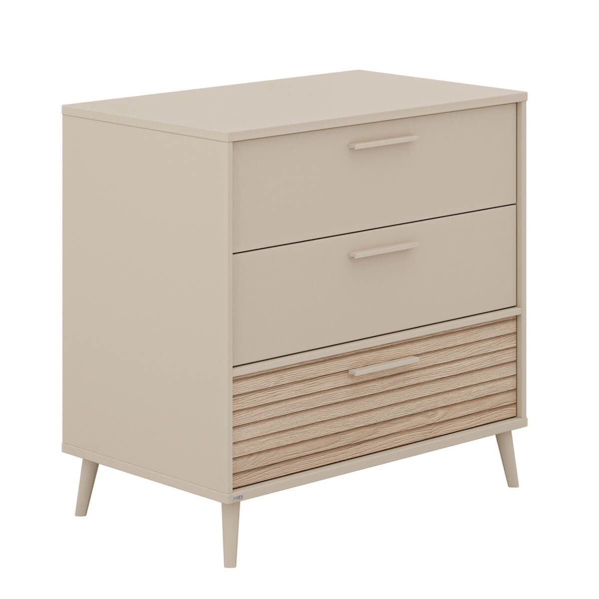 Kommode 3 S schmal, 2 x Tiroire Kaschmir Beige, 1 x Groovy Oak, Tiroire mit Fachteilern, Schubladenoberteil mit Vollauszug EEFJE Paidi Beige Kaschmir / Eiche