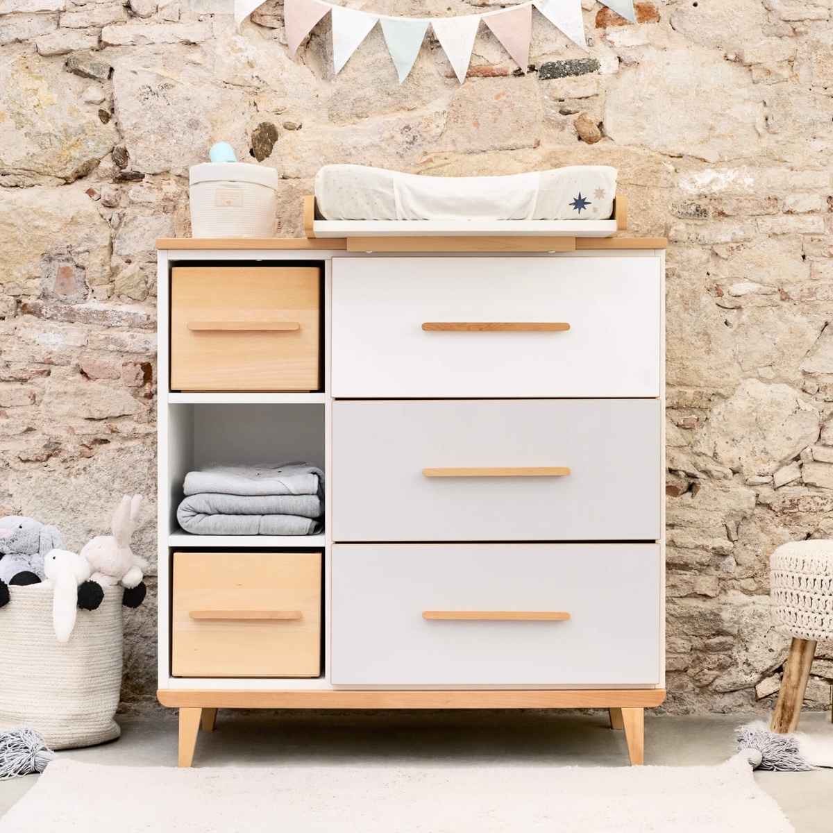 Kommode 3 Schubladen 3 Nischen NADO Retro Buche manhattan grey
