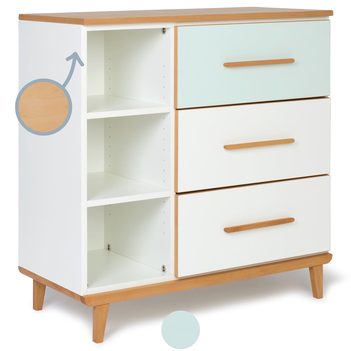 Kommode 3 Schubladen 3 Nischen NADO Retro Buche mint-white