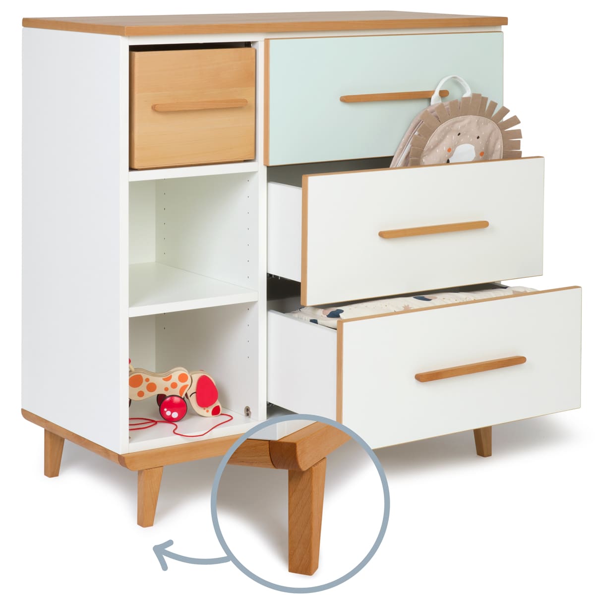 Kommode 3 Schubladen 3 Nischen NADO Retro Buche mint-white