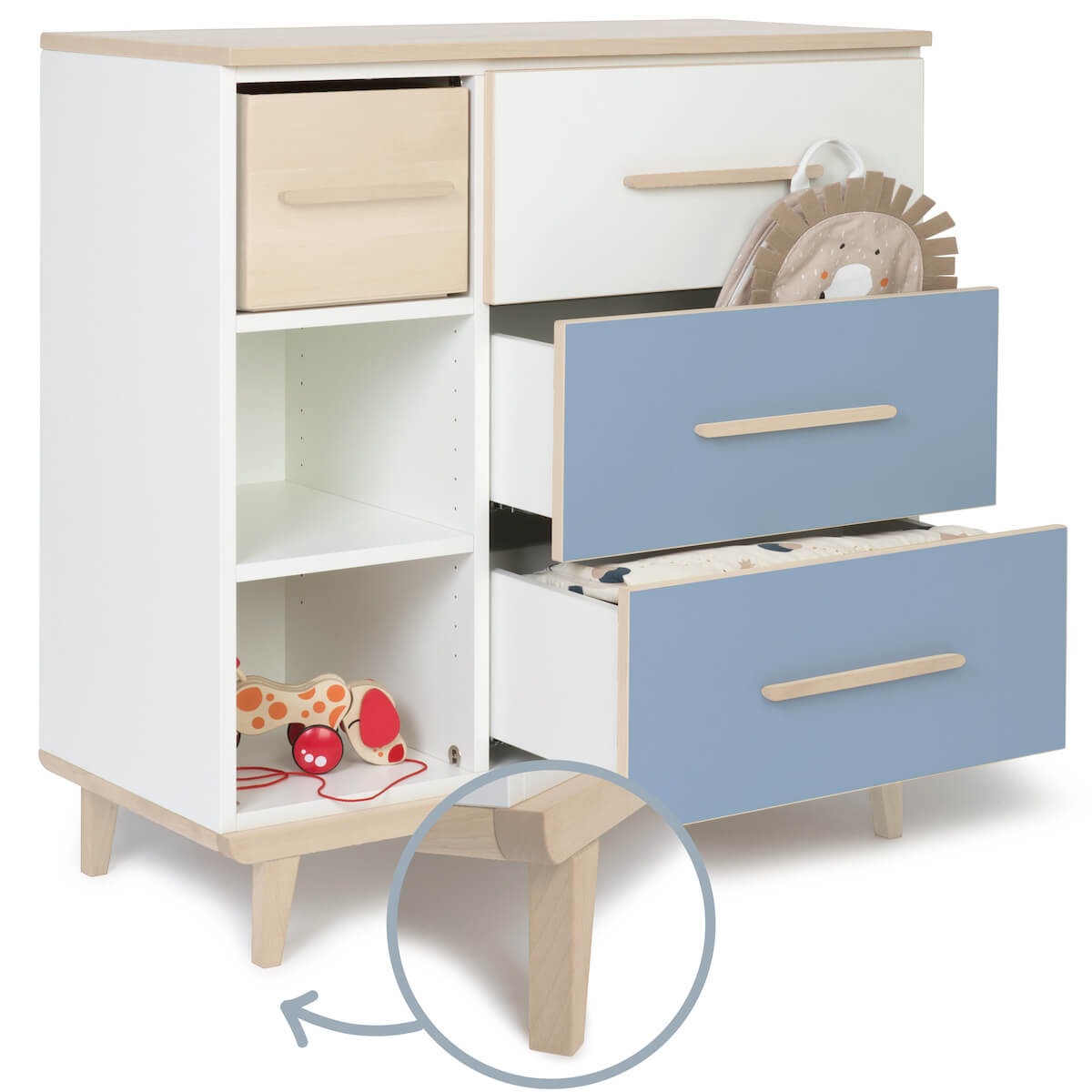 Kommode 3 Schubladen 3 Nischen NADO Retro Esche white-capri blue