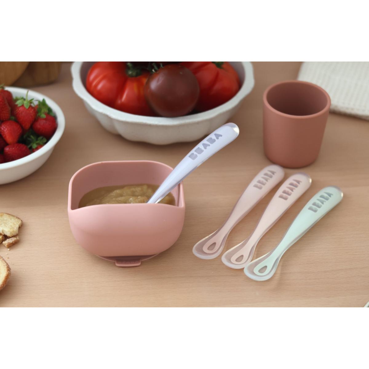 Lot de 4 cuillères silicone 1er âge Beaba Barbe à papa-Guimauve-Vert de gris-Lila