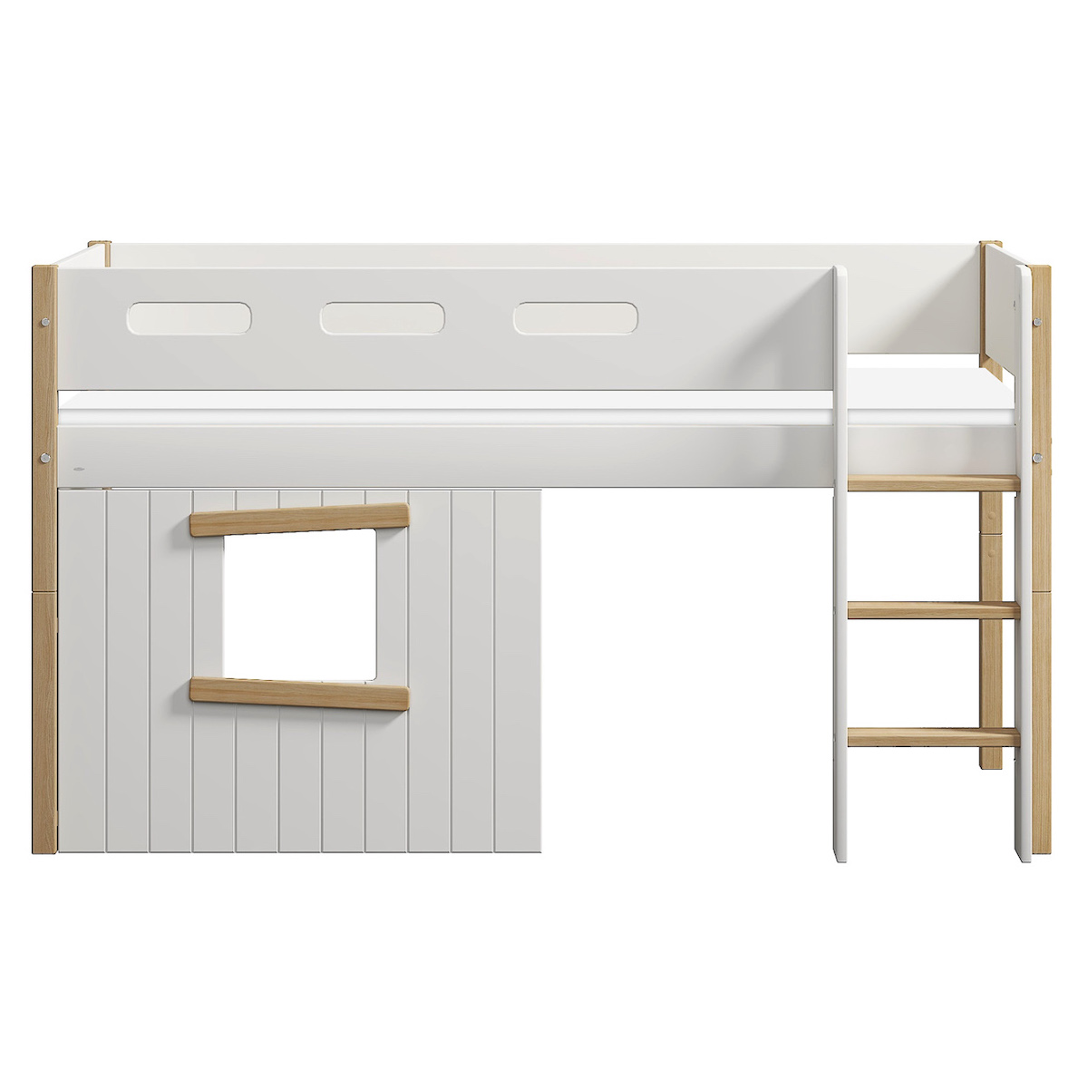 Mittelhohes Baumhausbett 90x200cm gerade Leiter NOR Flexa Eiche-weiß