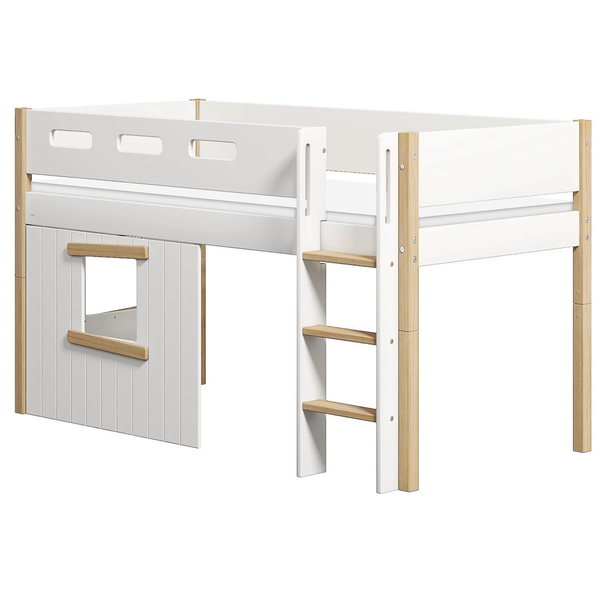 Mittelhohes Baumhausbett 90x200cm gerade Leiter NOR Flexa Eiche-weiß
