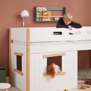 Mittelhohes Baumhausbett 90x200cm gerade Leiter NOR Flexa Eiche-weiß