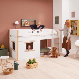 Mittelhohes Baumhausbett 90x200cm gerade Leiter NOR Flexa Eiche-weiß